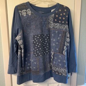 Woman Within Blue and White Patchwork Top